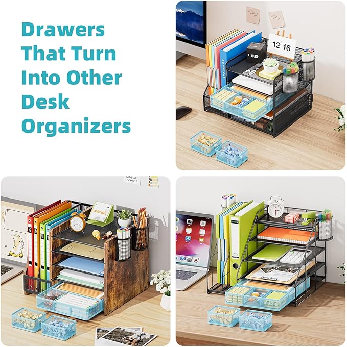 Marbrasse 3 Packs Desk Drawer Organizers, Metal Mesh Dividers with 9 Adjustable Compartments, Pen Organizer for Drawer Tray Box Accessories for Desktop,Kitchen, Makeup(Blue)
