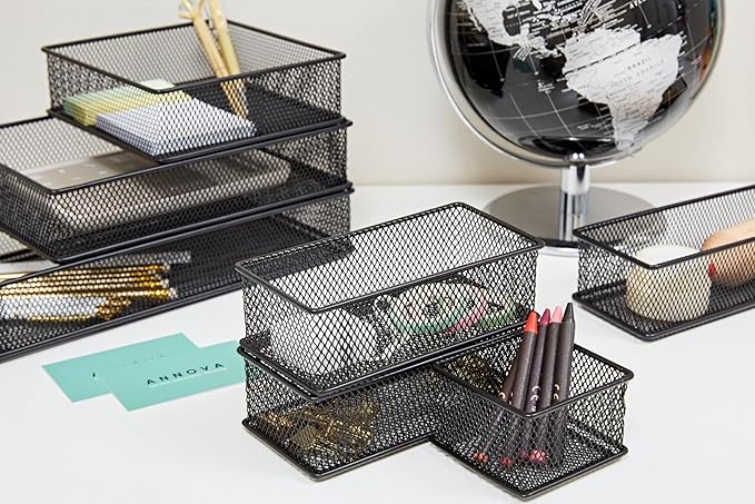 Annova Mesh Stackable Drawer Cabinet and Shelf Organizer Bins Storage Basket School Office Supply Holder Tray- Set of 2 (Black, 3x3x2 Inch)