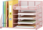 Lavatino 5-Tier Desk Organizer with 2 File Holders, Metal Adjustable Paper Letter Tray for Office or Home Desk Organizers and Accessories | 7 Flexible Dividers Keep Workspace Supplies Neat, Pink