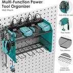 CCCEI Modular Power Tool Organizer Wall Mount with Charging Station. Garage Drill Storage Shelf with Hooks, Heavy Duty Rack, Tool Battery Holder Built in 8 Outlet. Gift for Men. Navy Blue, 2 Pack.