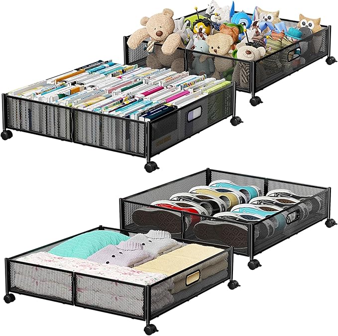Under Bed Storage Containers with Wheels - Shoe Storage Organizer Drawer, Tool-free Assembly Metal Underbed Storage for Bedroom Clothes, Shoes, Blankets - 4Pack