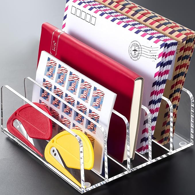 BEYGORM 2 Pack Acrylic Mail Holder, Clear Desk Organizer with Divider, Vertical Letter Sorter for Desktop, 5 Compartments Modern Office Home Envelope Organizer for Bill, Document, Notebook