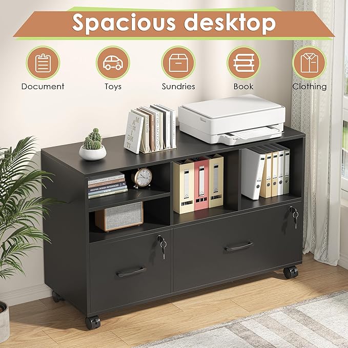Semoic 2 Drawer Wood Lateral File Cabinet with Lock, Lockable Rolling Filing Cabinet with Adjustable Storage Shelves, Printer Stand Office Storage Cabinet for Home Office Fits Files Legal/A4, Black