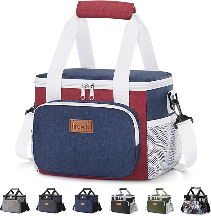 Lifewit Medium Lunch Bag, Insulated Lunch Box, Soft Cooler Cooling Tote for Adult Men Women, White and Red and Blue 12-Can (9L)