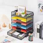 Lavatino 6-Tier Paper Organizer Letter Tray with Drawer - Mesh Desk File Paper Office Supplies Sorter Organizer for Office, Home or School File Folder Holder - Black
