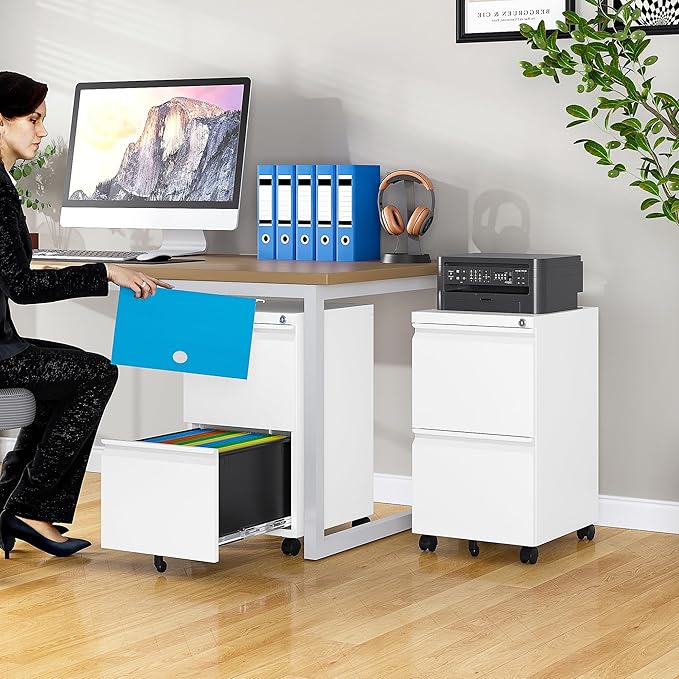 SISESOL 2 Drawer File Cabinet with Lock and Wheels,White Rolling File Cabinets,Locking Mobile Metal Filing Cabinet for Home Office,Under Desk,Fit A4/Letter/Legal File, Easy Assembly