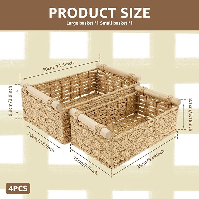 4PCS Toilet Paper Basket Decorative Woven Basket with Wood Handle Multipurpose Toilet Paper Bin for Home Bathroom Living Room Office