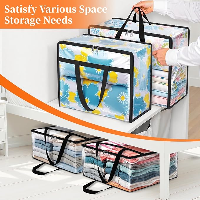 Clear Clothes Storage Bags, 4 Pack Closet Organizers and Under Bed Storage Containers, Foldable Moving Bags with Zippers for Comforter, Blanket, Bedding, Duvet, PVC Packing Bags 60L