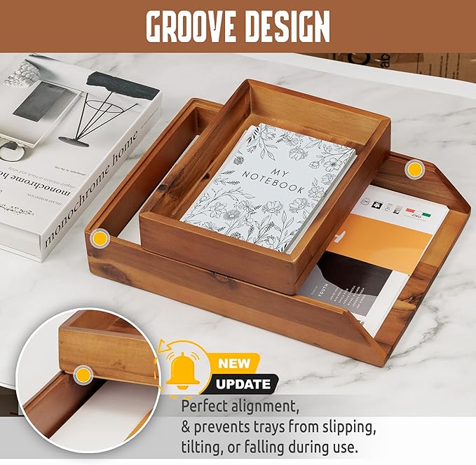 Demigo Desk Organizer Letter Tray Set of 2, Acacia Wood Tabletop Desktop for Storage Paper Letter Folders Notebooks Copy Print, Workspace Holder, Keep Stationery Saver (Brown)
