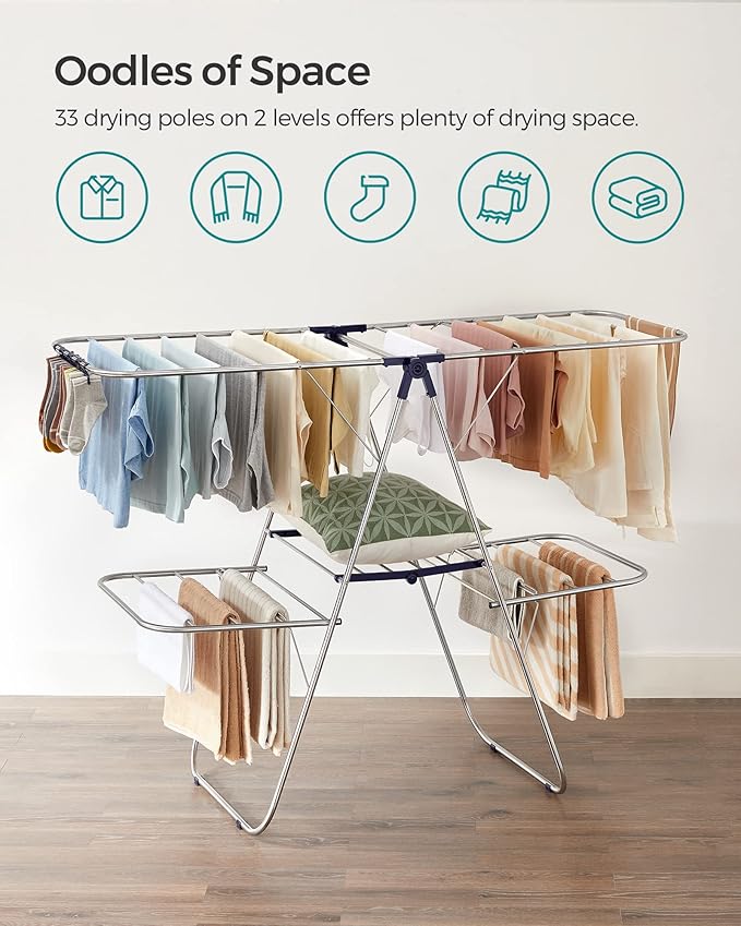 SONGMICS Clothes Drying Rack, Foldable 2-Level Laundry Drying Rack, Free-Standing Laundry Airer, with Height-Adjustable Wings, 33 Drying Rails, Sock Clips, Silver and Blue ULLR53BUV1