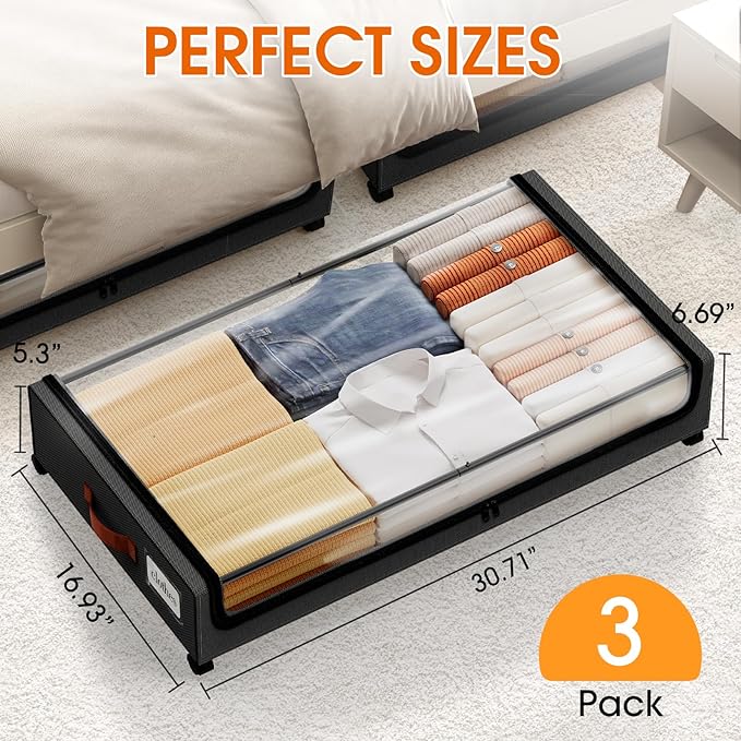 Under Bed Storage with Wheels 3Pack Storage Containers with Clear Window&Label Under Bed Drawers Rolling Under Bed Storage for Clothes,Shoes, Blankets (30.71 x 16.93 x 6.69 in, Black)