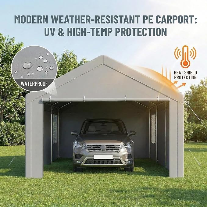COBIZI 10x20 FT Heavy Duty Carport with Galvanized Frame, Carport Canopy with Roll-up Windows, Storage Tent with Removable Sidewalls & Doors, Built-in Sandbags for Car Boat Truck, Gray