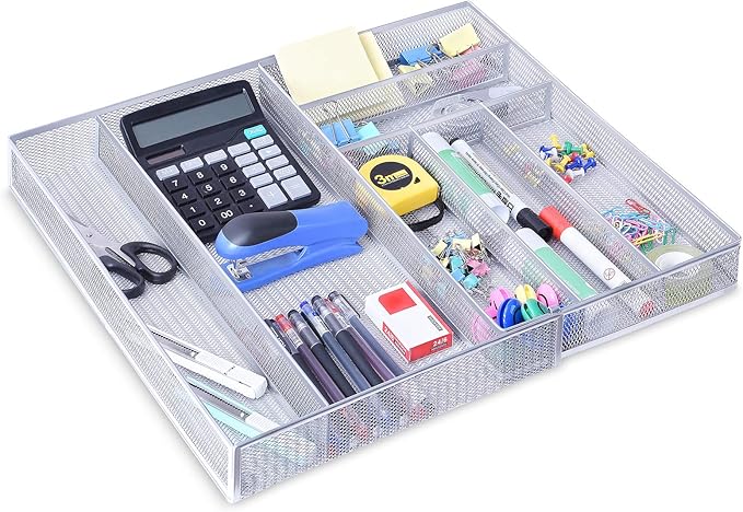 WuGeShop Expandable Office Drawer Organizer, 6 to 7 Compartments Adjustable Mesh Desk Drawer Organizer, Good Desk Organizer for Office Supplies and Art Supplies