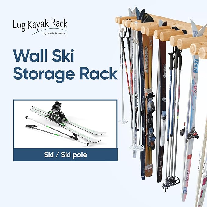 14-Place Log Ski Rack Wall Mount, Indoor Ski Storage Rack for Garage Organizers, Wooden Skis Wall Mount Storage Racks, Pole Skis Sports Racks, Garage Organization Walls - Natural