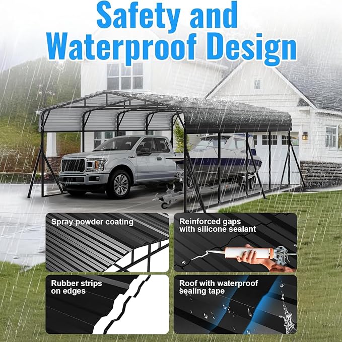 20X20FT Heavy Duty Carport, Metal Carport with Reinforced Frame & Side Support Poles for All-Weather, Large Outdoor Car Port Suitable for Parking Pickup, Boat, Car, and Tractor