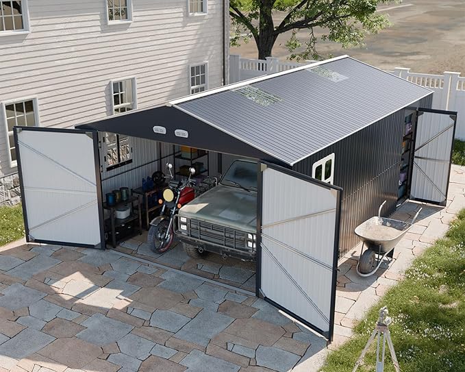 WACASA 13x20x8.3 FT Large Metal Garage Shed with Base Floor Kit, Ultra-Reinforced 18-Gauge Powder-Coated Steel Frame, 100 PSF Snow & 150 MPH Wind Rated, Skylight Dual-Entry Carport & Workshop