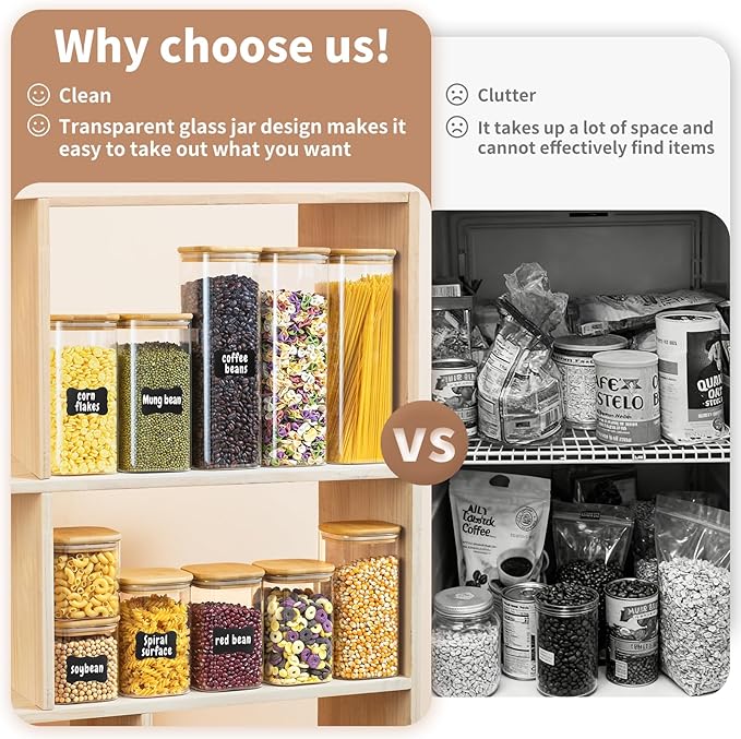 37 Oz Glass Storage Jars with Bamboo Lids - 6 Pack Clear Glass Canisters Square Airtight Stackable Ideal for Pantry Storage Containers Organizers Great for Storing Oats Coffee Beans Nuts etc