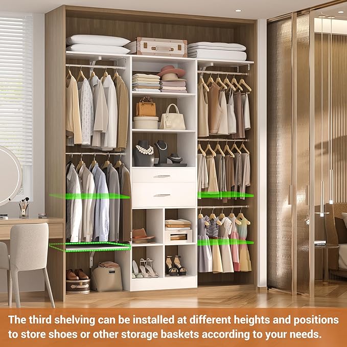 5FT Closet Organizer System with Wooden Drawers, 60 Inches Walk In Closet System With 5 Hanging Rods, Can Fit 1.58 to 6.8 FT with Reversible Hanging Shelving, White