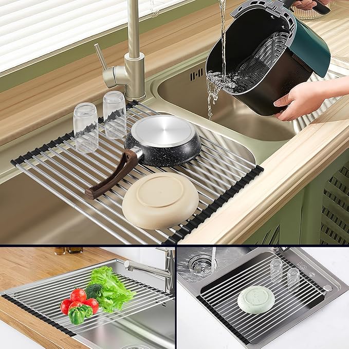Roll Up Dish Drying Rack, Expandable Over The Sink Dish Drainer,Stainless Steel Kitchen Rolling Sink Rack Space Saving Dish Mat, Length Up to 22.3" (Black, Large Expandable)