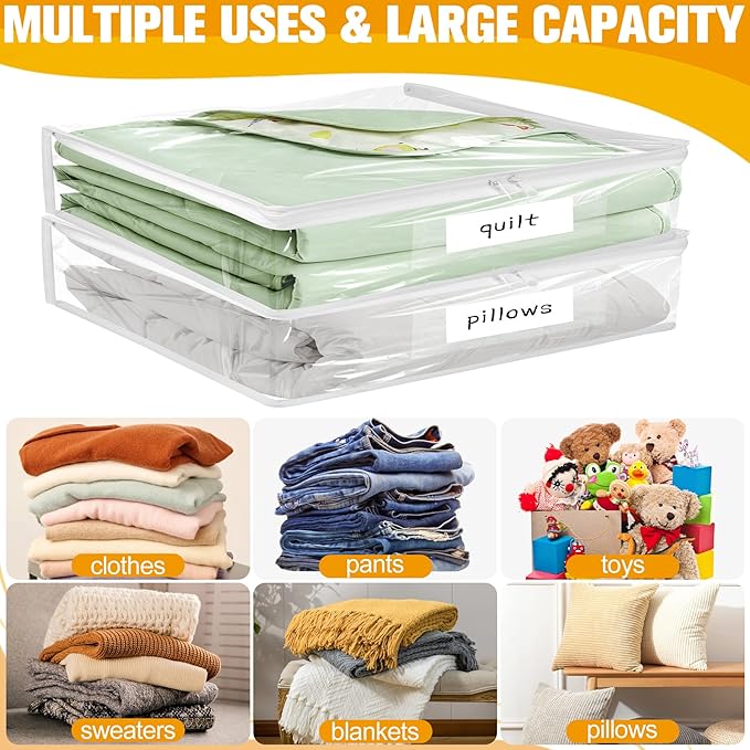 Plastic Storage Bags with Easy-Glide Zipper, Pack of 6, Durable Clear Vinyl Zippered Storage Bags for Clothes Sweaters Comforters Blankets Sheets Bedding (15.7 x 13.8 x 2.5 Inch)