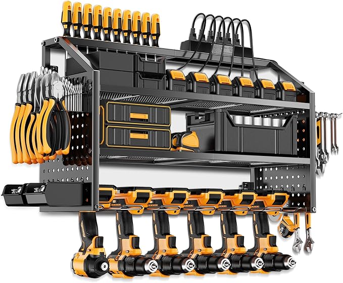 LBT 4 Layer Power Tool Organizer Wall Mount With Charging Station, Patented, 6 Outlet Power Strip, 6 Drill Holder, Heavy Duty Metal Garage Tool Storage Rack, Gifts For Men Fathers Day