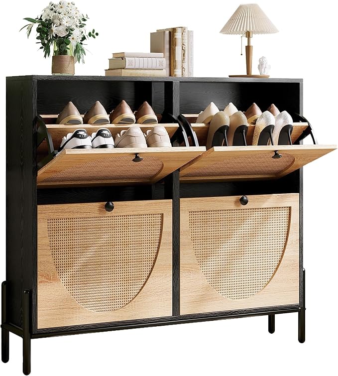 IRONCK Rattan Shoe Cabinet Storage with 4 Flip Drawers, Freestanding Shoe Storage Organizer Cabinet for Entryway, Narrow Shoe Rack Cabinet, Black