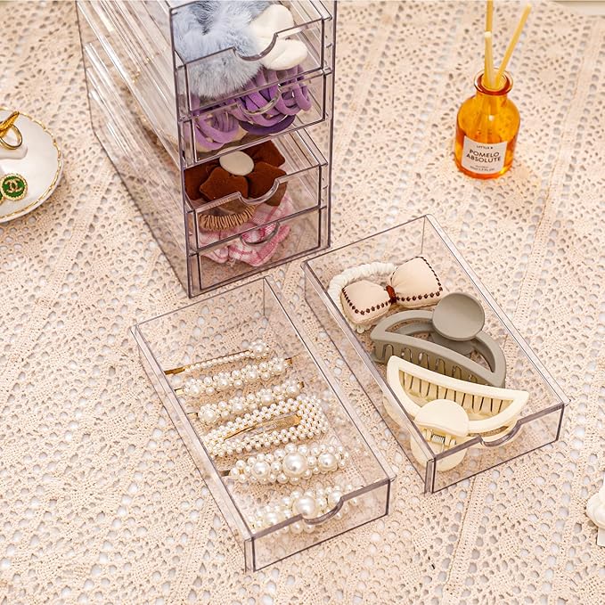 FABROK Clear Hair Accessory Organizer Box with 6 Drawers, Compact Storage Organization Drawers Set for Cosmetics, Glasses, Stationery, Stackable Storage Containers Box for Bathroom, Closet, Office