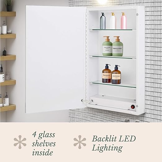 Hamilton Hills Bathroom Mirror with Storage - Wall Mounted Medicine Cabinet with 4 Glass Shelves and LED Backlighting - Modern Rectangular Organizer for Bathroom Décor 16 x 26 Inch - White