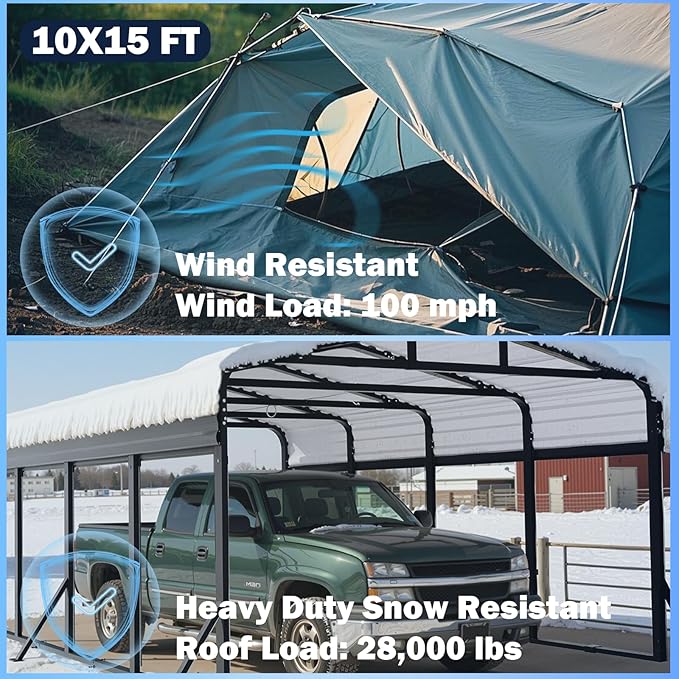 10X15 FT Metal Carport, Heavy Duty Cart Port with Reinforced Galvanized Shelter, Outdoor Weather Resistant Carport Canopy, Upgrade Car Ports for Boats, Cars, Trucks, and Tractors