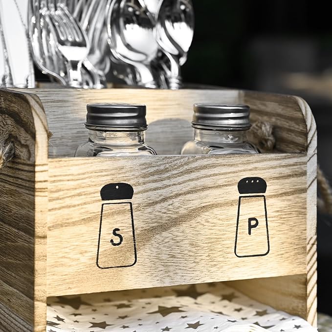 Ikee Design Wooden Utensil Caddy Flatware Holder with Handles - Utensil Holder for Dining Room, Restaurant and Kitchen, Oak Color, 7.13”W x 6.63”D x 7.5”H