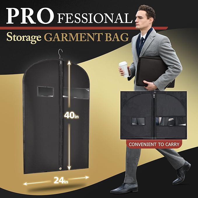 10 Pack 40-inch Garment Bags for Travel, Garment Bags for Hanging Clothes with Zipper and Visible Transparent Window，Black