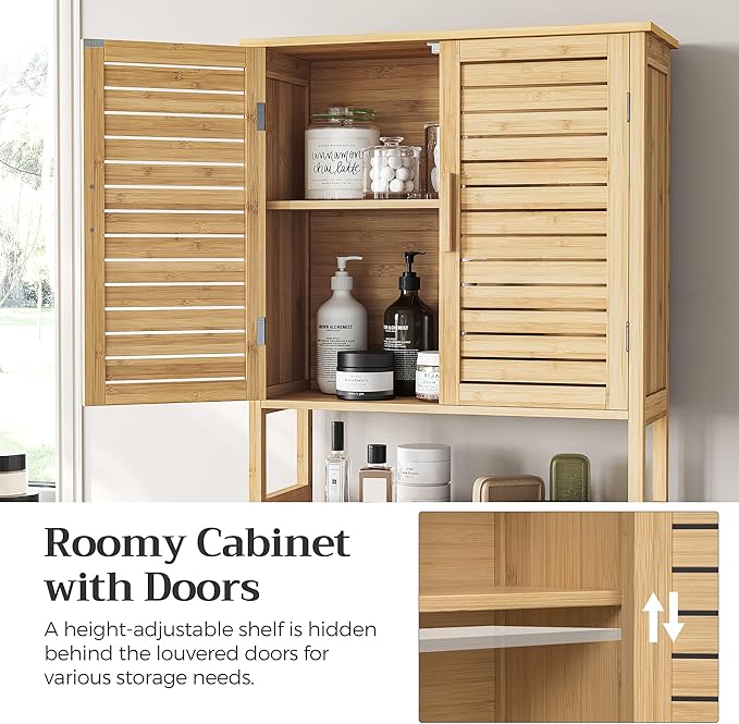 SONGMICS Over The Toilet Storage Cabinet, Bathroom Cabinet with Adjustable Inside Shelf and Bottom Stabilizer Bar, Space-Saving Toilet Rack, Natural Beige UBTS010N01
