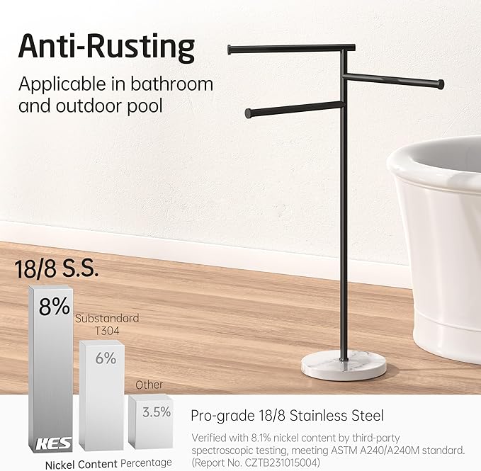 KES Matte Black Towel Racks for Bathroom with Weighted Marble Base, 40 Inch Free Standing Pool Towel Rack Outdoor, 3 Swivel Bars, Premium 18/8 Stainless Steel, BTH219-BK