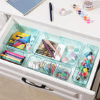 14 Pcs Clear Drawer Organizer, Adjustable Drawer Storage Box, 3-Size Desk Drawer Organizer, Acrylic Storage Bins for Makeup, Kitchen Utensils, Bedroom Dressers Tool Organizer for Gadgets, Blue