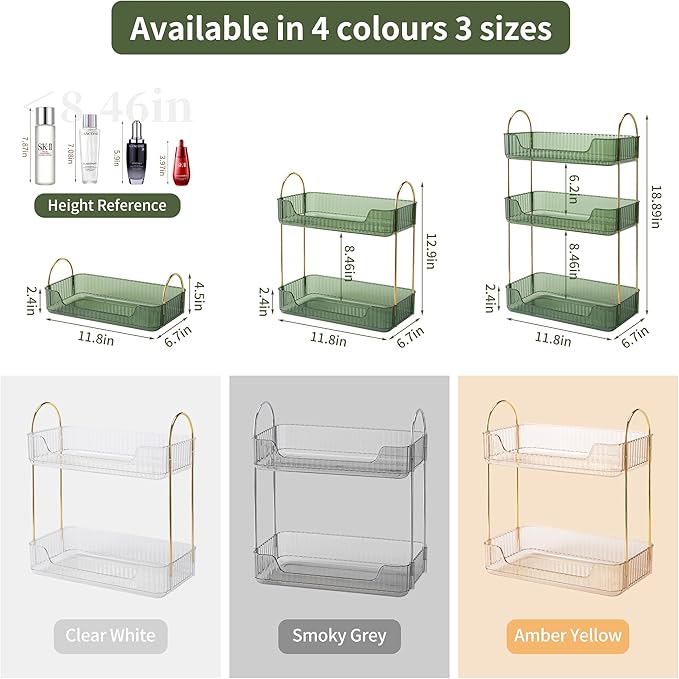 2 Tier Bathroom Organizer Countertop Makeup Perfume Tray Skincare Organizer for Bathroom Dresser Vanity (Green)