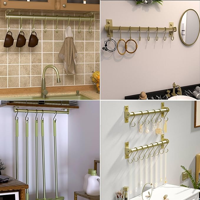 Dseap Kitchen Utensil Holder Hanger, Pot and Pan Rack Wall Mounted, Kitchen Rail with 8 Hooks for Hanging Cooking Utensils, Mugs, Spoons, Wall Mounted,Champagne Color, Pack of 2