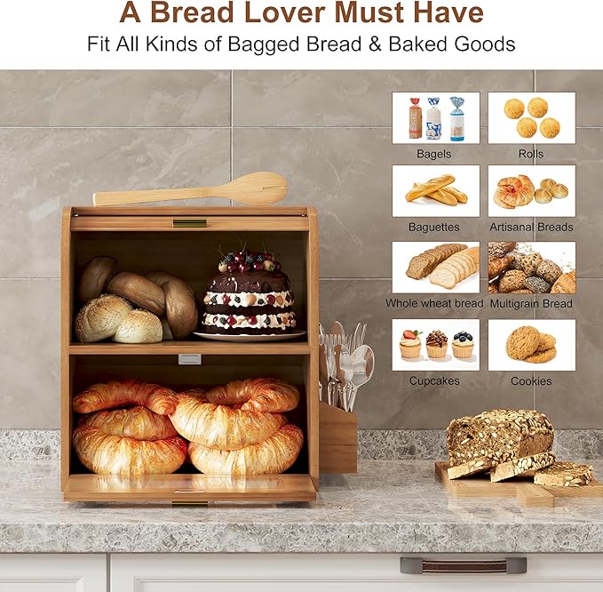 TQVAI Roll Top Bread Box for Kitchen Countertop, Keep Fresh Longer, Easy to Maintenance, Double Layer Vintage Wooden Breadbox with Window for Homemade Bread, Sandwich Loaves, Baked Goods (Retro Brown)