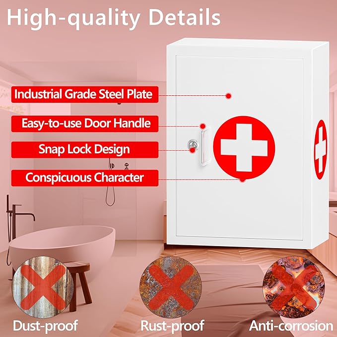 Locking Medicine Cabinet for Bathroom: Wall Mount Medical Box for Medication Storage - Large Capacity First Aid Wall Cabinet for Home, School, Office (White)