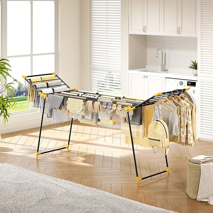 APEXCHASER Clothes Drying Rack Foldable, Large Drying Rack Clothing Retractable, Metal Clothes Airer for Bedding Towel Sweater Heavy Duty, Indoor Outdoor Use, 21.9"W x 100"L x 39"H, No Assembly,Yellow