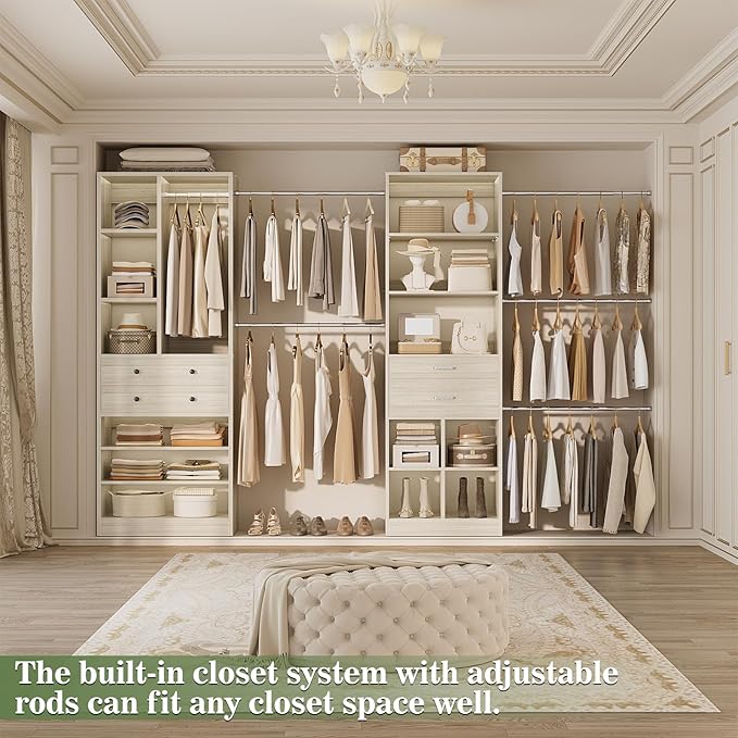 Closet System, Up to 128.6"/10.7 FT Closet Organizer with 4 Wooden Drawers and Shelves, Walk-in Closet System with 6 Hanging Rods, Built-in Closet Can Fit 96"/8FT, 120"/10FT, Greige Oak