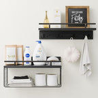 Floating Shelves - Black Bathroom Shelves Over Toilet, Set of 2 Wall Shelves with Basket and Hooks
