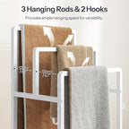 HOOBRO Free Standing Towel Rack, Blanket Rack with 3 Towel Bars, Storage Basket and Shelf, Towel Holder with Hook, Blanket Organizer, for Bathroom and Laundry, White and Natural WN13LB01