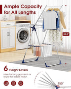 Clothes Drying Rack with Height-Adjustable Wings, Metal Foldable Laundry Dryer Stand for Clothing & Bedding, Free-Standing Collapsible for Indoor & Outdoor Use, 55.5" L × 22.8" W, Silver Blue