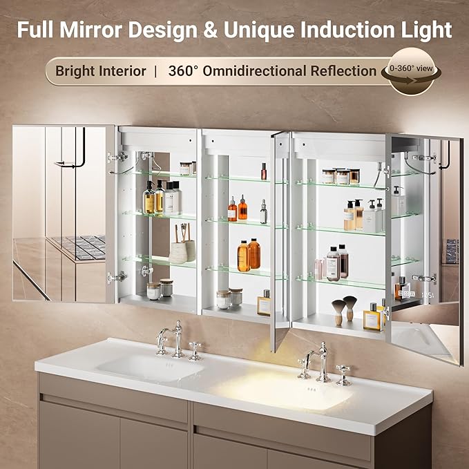 72x32 Lighted Medicine Cabinet Mirror with Magnifying & Night Lamp, 155° Soft-Close Hinge, Surface or Recessed Medicine Cabinet with Lights & Outlet, GFCI,Time Display& Inner Light,Hardwired