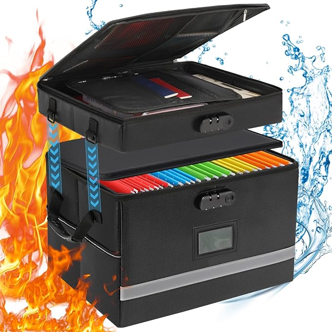 2 Layer File Box with Lock, Portable Document Organizer Box with Handle, Fireproof File Box for Home Office, Legal File Organizer Storage