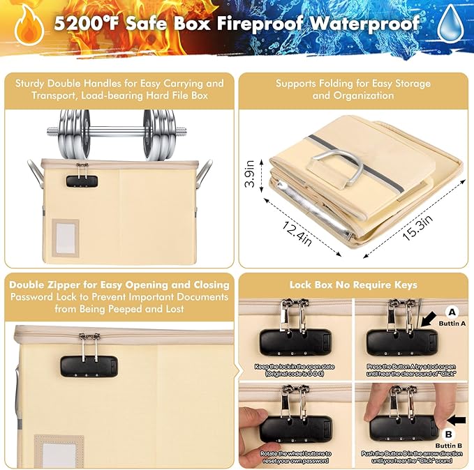 TOMKID 5200°F Fireproof Document Box, Fire Important Document Organizer with Lock, Upgraded Heat Insulated Filing Storage Cabinet Office Organization (5200°F Fireproof Box, Off-white)