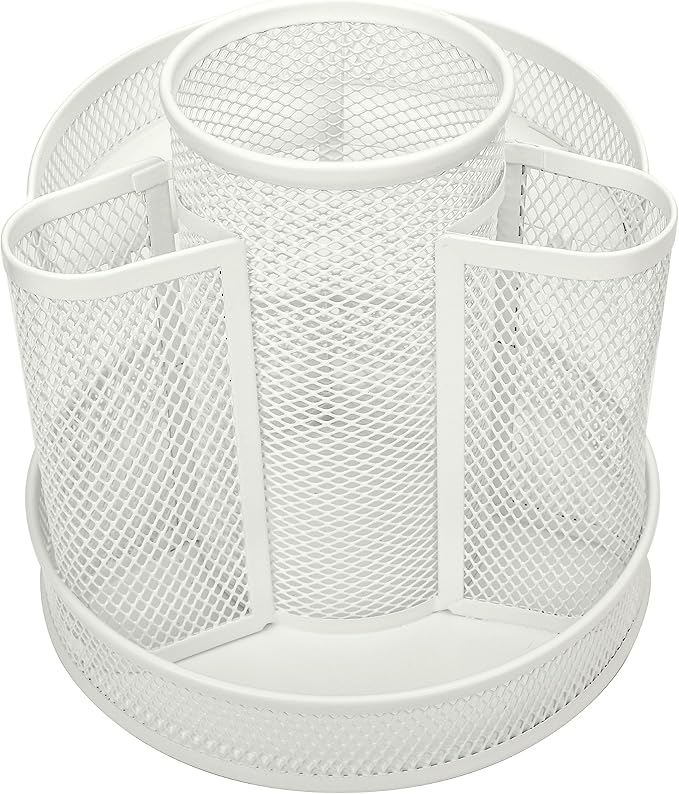 Annova Mesh Desk Organizer Rotate with 6 Compartments Round Spinning Tidy Candy/Pen Holder Desk Accessories Office, Art Supply, Storage, Classroom, Home (White)
