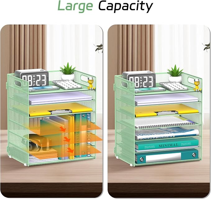 7 Tier Paper Organizer - Mesh Desktop File Holder with Handles for Office School Desk, Black (Mint green)