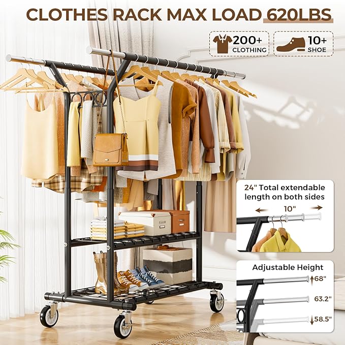 Heavy Duty Clothes Rack, Rolling Clothing Rack With Shelves Load 620 LBS, Double Rod Clothing Racks for Hanging Clothes, Portable& Adjustable Clothes Rack with Wheels,Black
