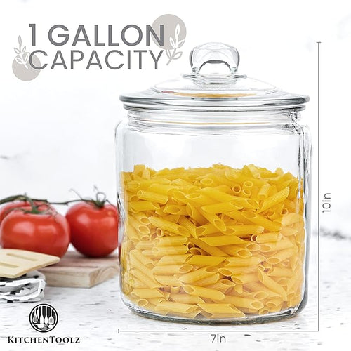 1 Gallon Glass Cookie Jar - Large Food Storage Container with Airtight Lid - Keep Fresh Flour, Chewy Pet Treats, Candy, Dried Foods, Detergent Pods for Your Kitchen or Laundry Room- Pack of 2